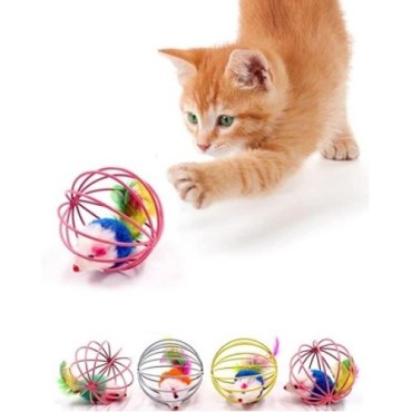 Kafesli Renkli Fareli Kedi Köpek Oyun Topu 6 cm