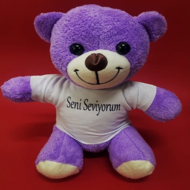 Seni Seviyorum Tişörtlü Mor Peluş Ayıcık