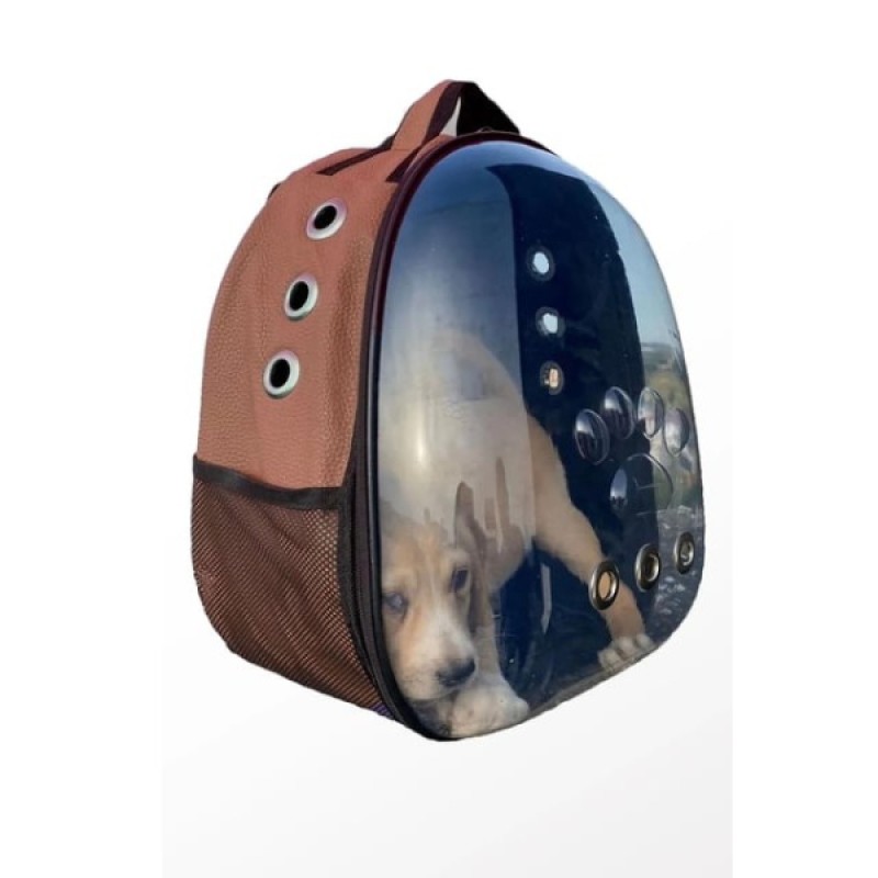 Deri Astronot Kedi Ve Köpek Taşıma Çantası Kahverengi 