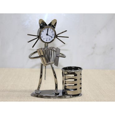 Metal Akordiyon Çalan Müzisyen Kedi Müzisyen Saat Ve Kalemlik 