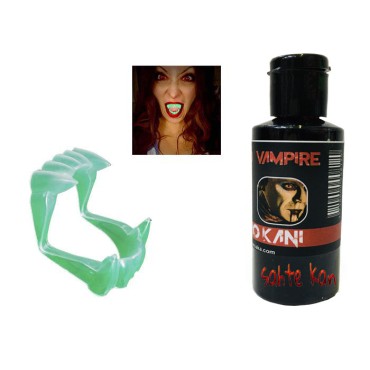 Fosforlu Çift Damak Takma Vampir Dişi ve 50 gr Tiyatro Kanı Set